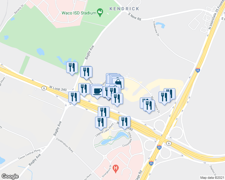 map of restaurants, bars, coffee shops, grocery stores, and more near 2412 West Loop 340 in Waco