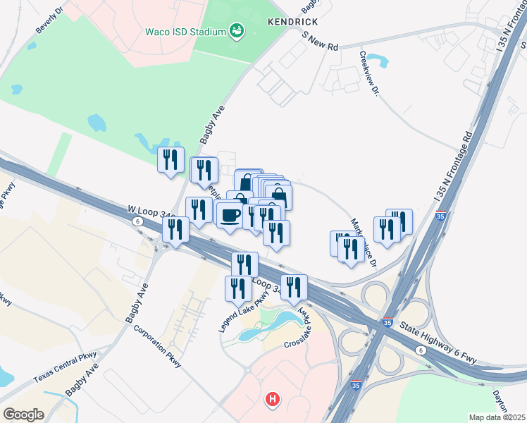 map of restaurants, bars, coffee shops, grocery stores, and more near 2412 West Loop 340 in Waco