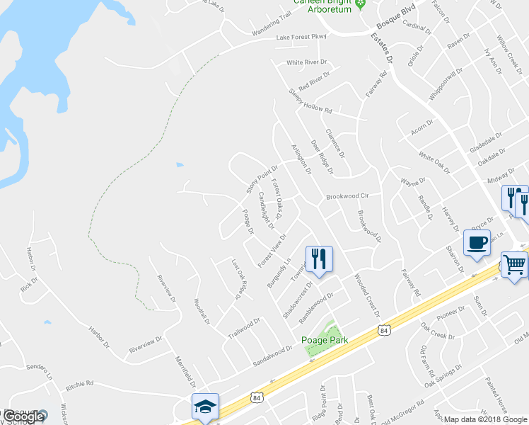 map of restaurants, bars, coffee shops, grocery stores, and more near 711 Candlelight Drive in Woodway