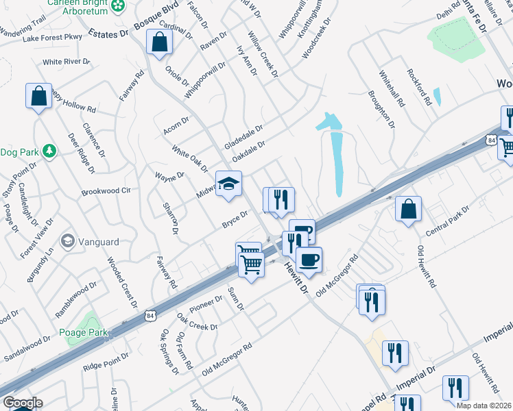 map of restaurants, bars, coffee shops, grocery stores, and more near 8914 Fox Hollow Drive in Woodway
