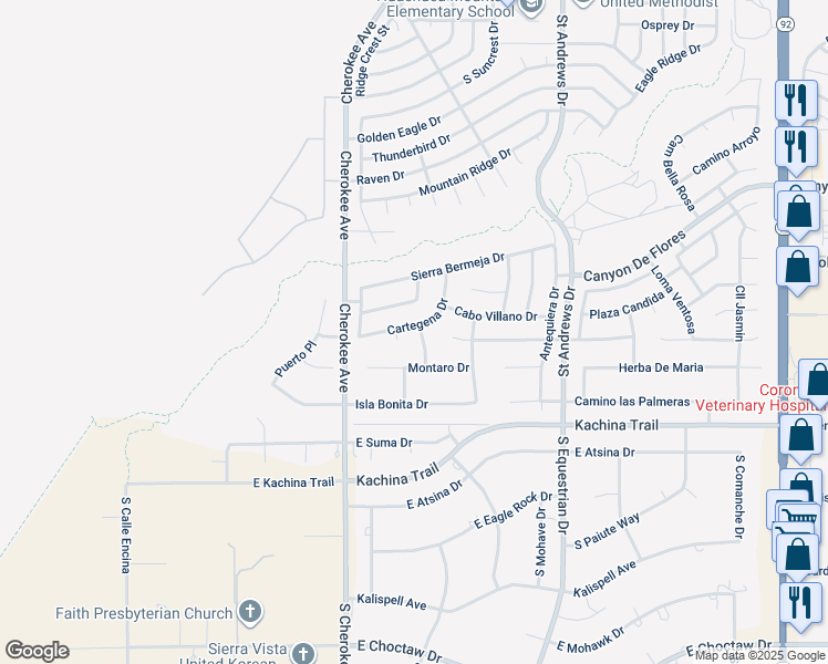 map of restaurants, bars, coffee shops, grocery stores, and more near 3900 Procuna Place in Sierra Vista