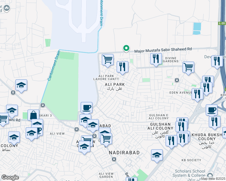 map of restaurants, bars, coffee shops, grocery stores, and more near Bilal Street in Lahore