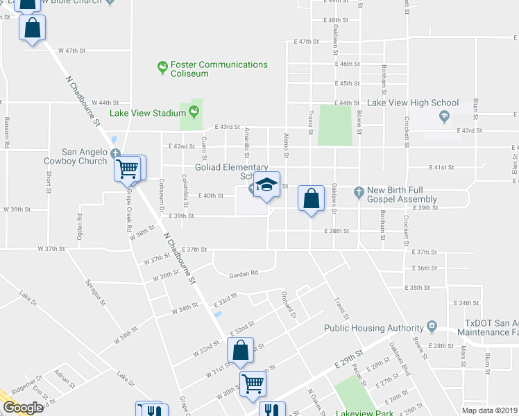 map of restaurants, bars, coffee shops, grocery stores, and more near 3902 Goliad Street in San Angelo
