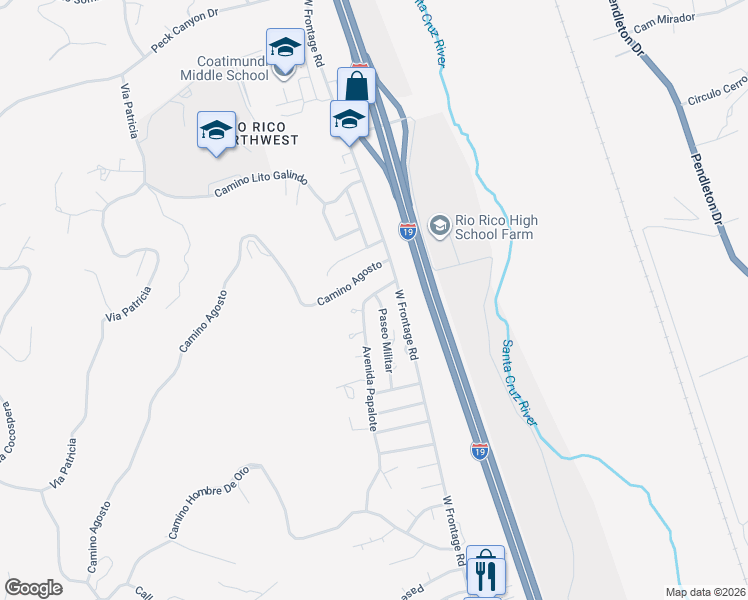 map of restaurants, bars, coffee shops, grocery stores, and more near 463 Avenida Papalote in Rio Rico