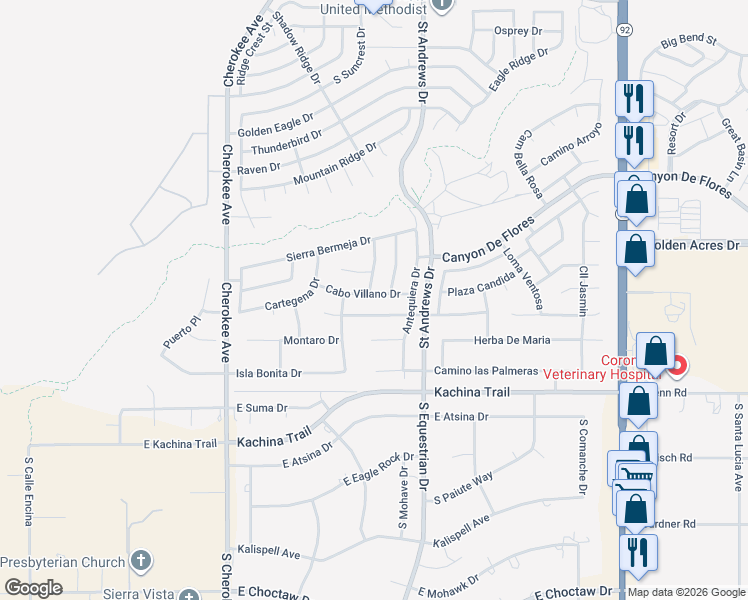 map of restaurants, bars, coffee shops, grocery stores, and more near 2982 Cabo Villano Drive in Sierra Vista