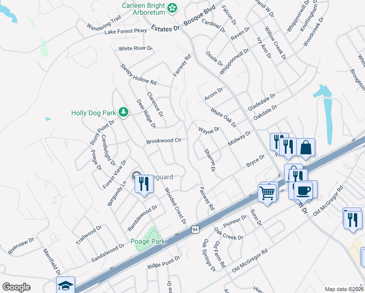 map of restaurants, bars, coffee shops, grocery stores, and more near 537 Brookwood Drive in Woodway