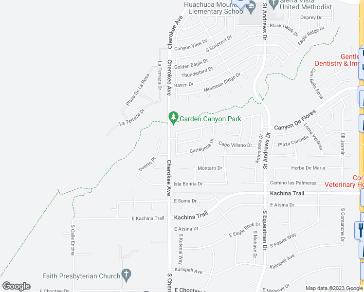 map of restaurants, bars, coffee shops, grocery stores, and more near 2452 Cabo Burela Drive in Sierra Vista