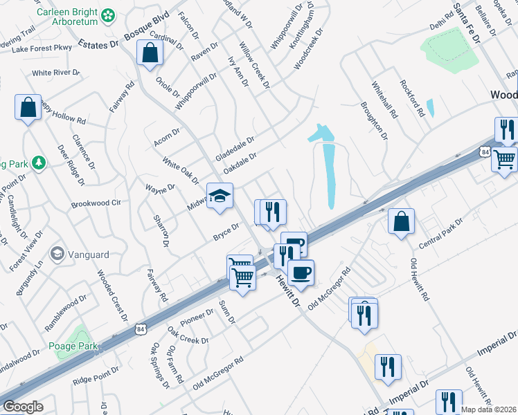 map of restaurants, bars, coffee shops, grocery stores, and more near 8914 Fox Hollow Drive in Waco