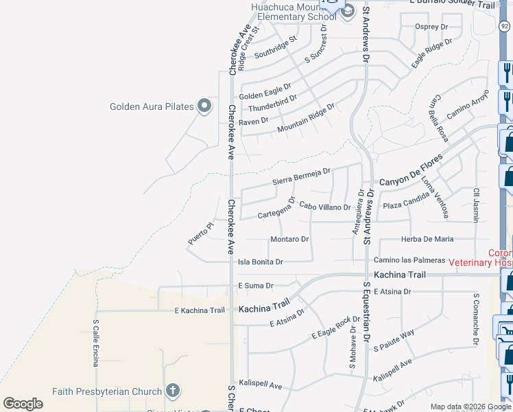 map of restaurants, bars, coffee shops, grocery stores, and more near 2554 Cabo Burela Drive in Sierra Vista