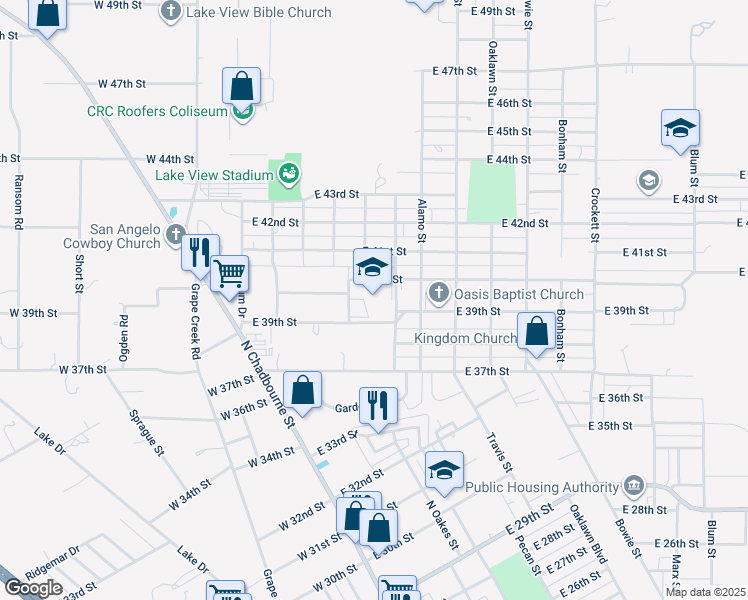 map of restaurants, bars, coffee shops, grocery stores, and more near 120 East 39th Street in San Angelo