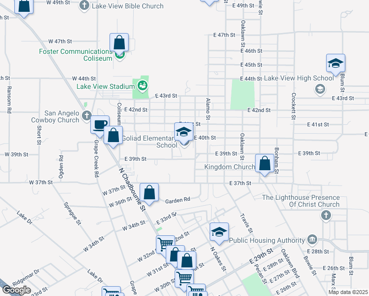 map of restaurants, bars, coffee shops, grocery stores, and more near 120 East 39th Street in San Angelo