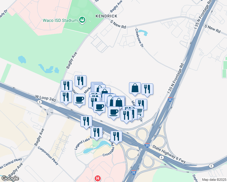 map of restaurants, bars, coffee shops, grocery stores, and more near 2501 Marketplace Drive in Waco