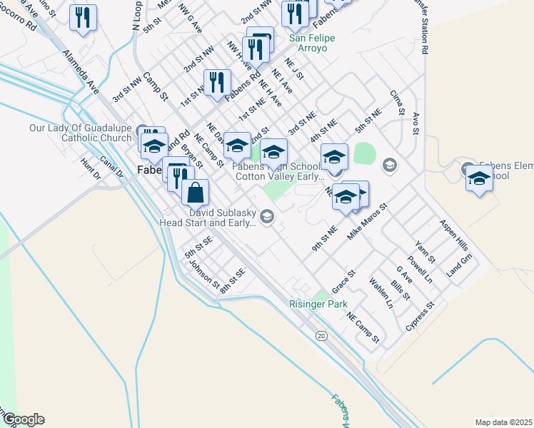 map of restaurants, bars, coffee shops, grocery stores, and more near 623 Northeast Camp Street in Fabens