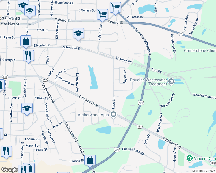 map of restaurants, bars, coffee shops, grocery stores, and more near 701 Lupo Lane in Douglas