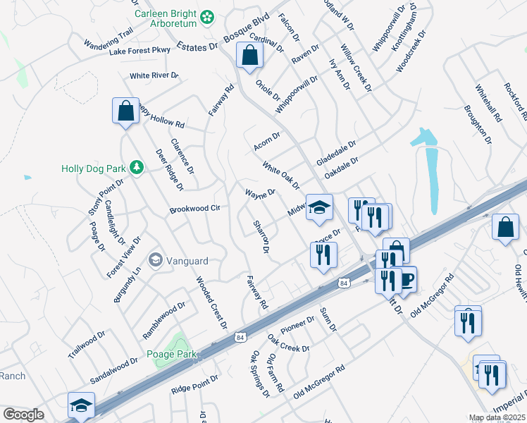 map of restaurants, bars, coffee shops, grocery stores, and more near 416 Randle Drive in Waco