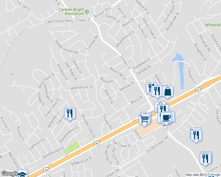 map of restaurants, bars, coffee shops, grocery stores, and more near 416 Randle Drive in Waco