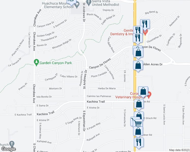 map of restaurants, bars, coffee shops, grocery stores, and more near 3411 Plaza Candida in Sierra Vista