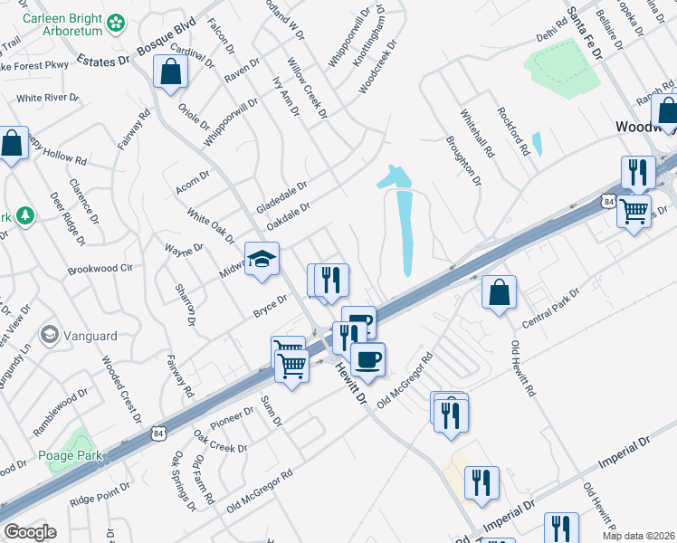 map of restaurants, bars, coffee shops, grocery stores, and more near 8807 Panther Drive in Waco