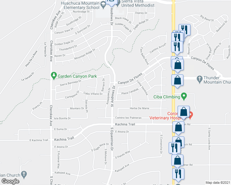 map of restaurants, bars, coffee shops, grocery stores, and more near 3846 Plaza Margarita in Sierra Vista