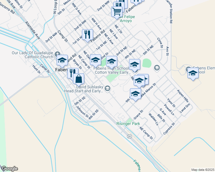 map of restaurants, bars, coffee shops, grocery stores, and more near 623 Northeast Camp Street in Fabens