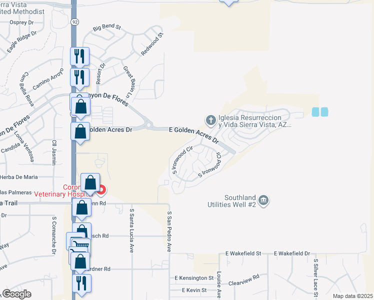 map of restaurants, bars, coffee shops, grocery stores, and more near South Ironwood Circle & East Holly Place in Sierra Vista