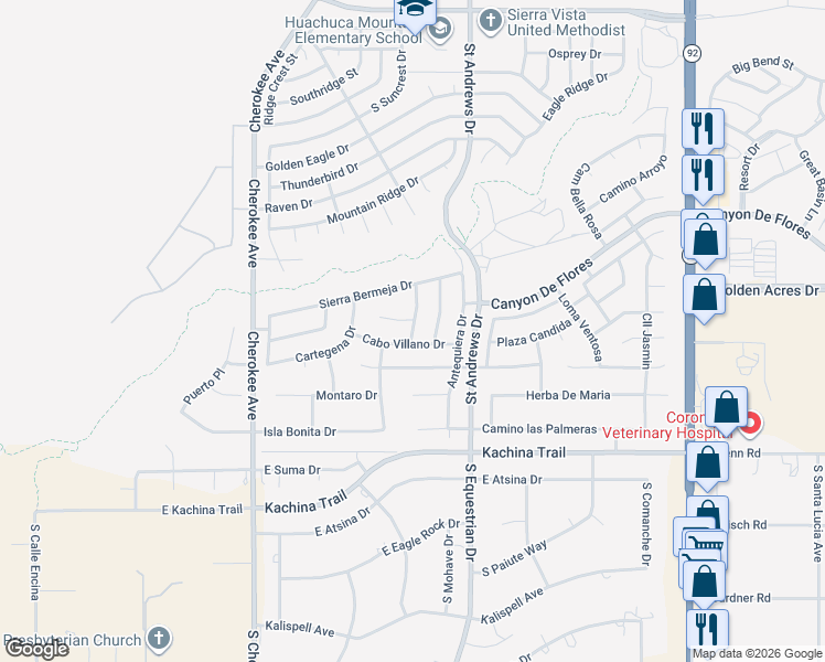 map of restaurants, bars, coffee shops, grocery stores, and more near 2962 Cabo Villano Drive in Sierra Vista