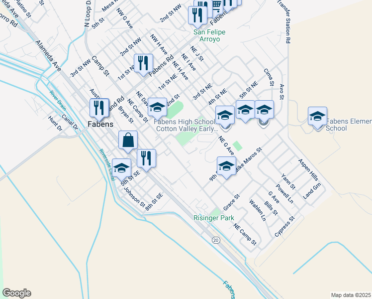 map of restaurants, bars, coffee shops, grocery stores, and more near 620 Northeast Davis Street in Fabens