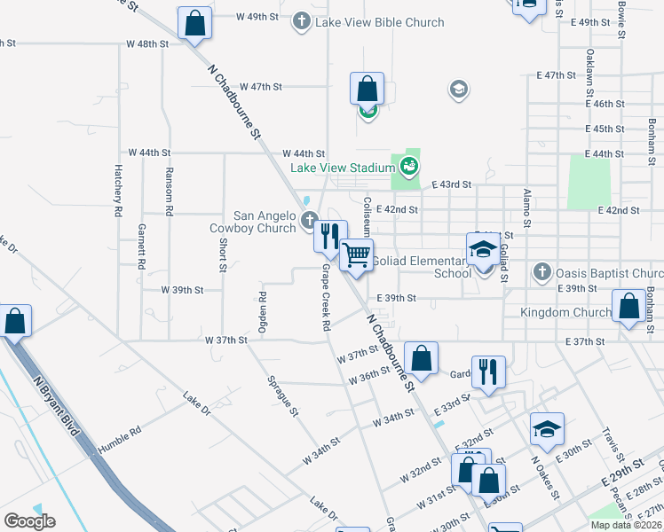 map of restaurants, bars, coffee shops, grocery stores, and more near 3999 Grape Creek Rd in San Angelo