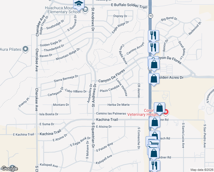 map of restaurants, bars, coffee shops, grocery stores, and more near 3444 Plaza De Lanza in Sierra Vista
