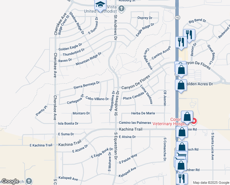map of restaurants, bars, coffee shops, grocery stores, and more near 3825 Antequiera Drive in Sierra Vista