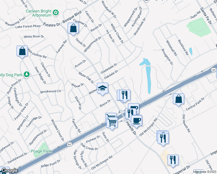 map of restaurants, bars, coffee shops, grocery stores, and more near 8818 Oakdale Dr in Waco