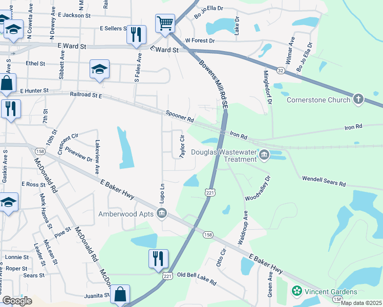 map of restaurants, bars, coffee shops, grocery stores, and more near 633 Taylor Circle in Douglas