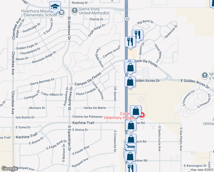 map of restaurants, bars, coffee shops, grocery stores, and more near 3622 Vía El Soreno in Sierra Vista