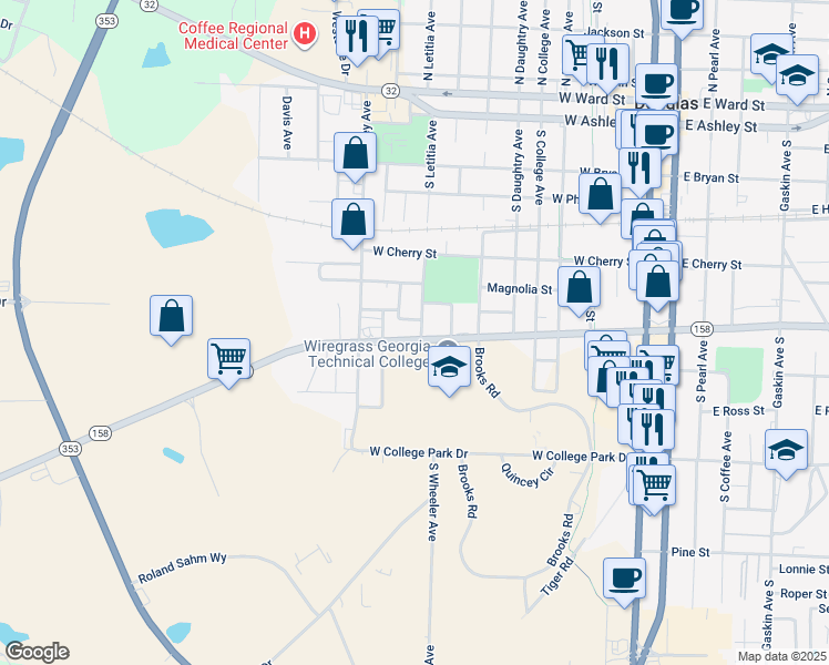map of restaurants, bars, coffee shops, grocery stores, and more near 805 Tillman Street in Douglas