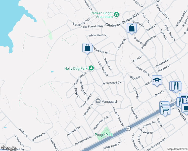 map of restaurants, bars, coffee shops, grocery stores, and more near 719 Wooded Crest Drive in Waco