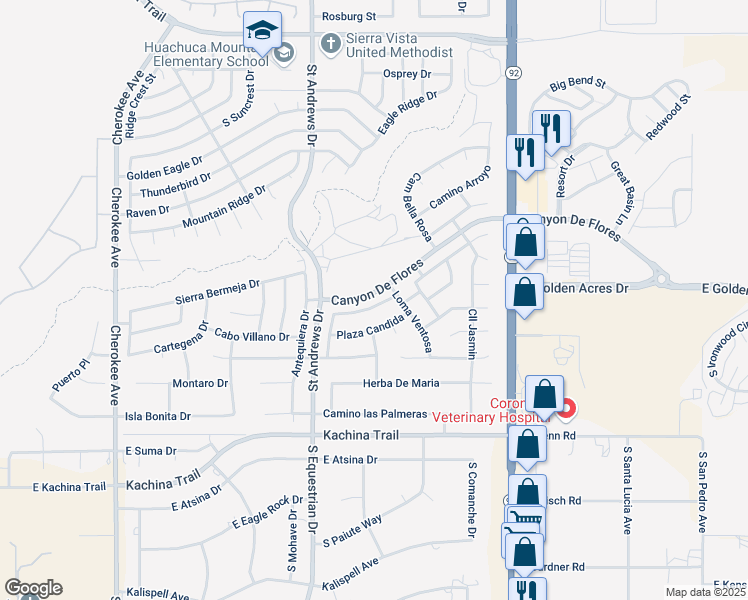map of restaurants, bars, coffee shops, grocery stores, and more near 3521 Plaza De Lanza in Sierra Vista