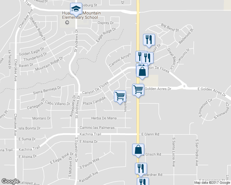 map of restaurants, bars, coffee shops, grocery stores, and more near 3622 Vía El Soreno in Sierra Vista