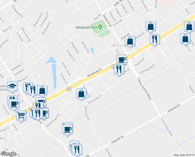 map of restaurants, bars, coffee shops, grocery stores, and more near 8014 Woodway Drive in Waco