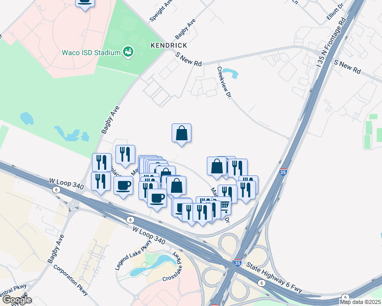map of restaurants, bars, coffee shops, grocery stores, and more near 2500 Marketplace Drive in Waco
