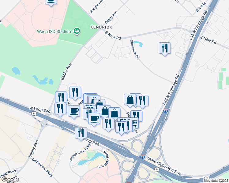 map of restaurants, bars, coffee shops, grocery stores, and more near 2500 Marketplace Drive in Waco