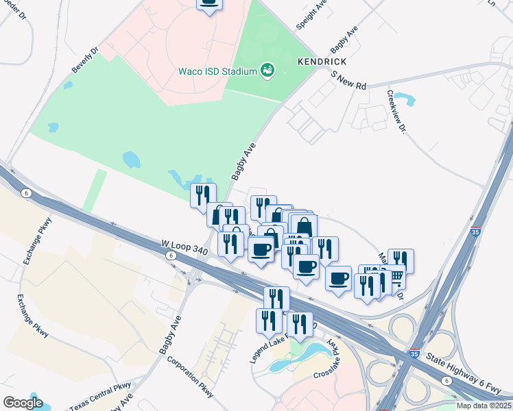 map of restaurants, bars, coffee shops, grocery stores, and more near 1 Marketplace Drive in Waco