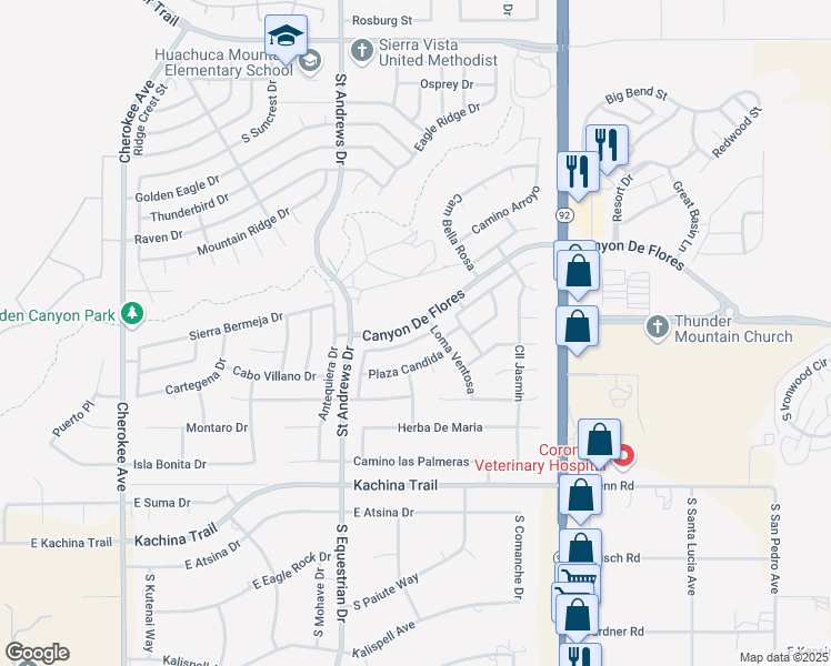 map of restaurants, bars, coffee shops, grocery stores, and more near 3545 Plaza De Lanza in Sierra Vista