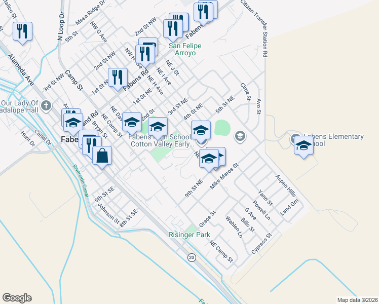 map of restaurants, bars, coffee shops, grocery stores, and more near 650 Northeast G Avenue in Fabens