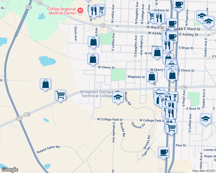 map of restaurants, bars, coffee shops, grocery stores, and more near 805 Tillman Street in Douglas