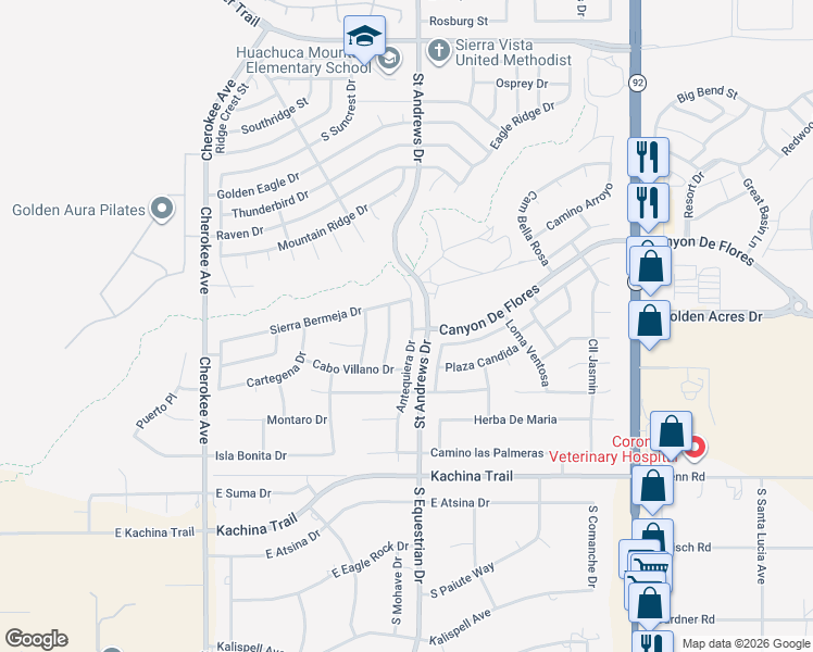 map of restaurants, bars, coffee shops, grocery stores, and more near 3766 Antequiera Drive in Sierra Vista