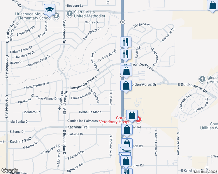map of restaurants, bars, coffee shops, grocery stores, and more near 3810 Calle Roca in Sierra Vista