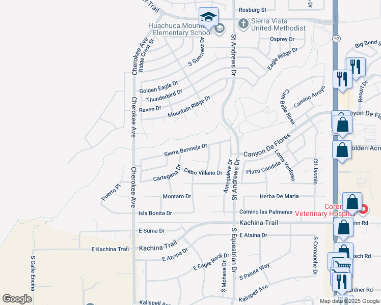 map of restaurants, bars, coffee shops, grocery stores, and more near 2818 Sierra Bermeja Drive in Sierra Vista