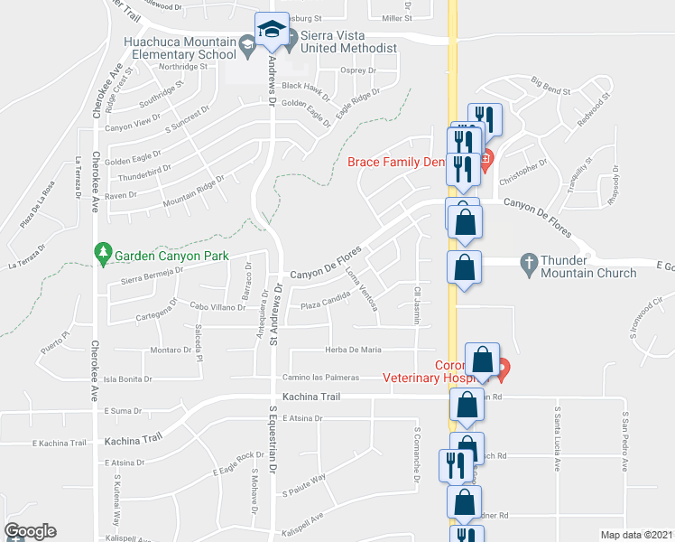 map of restaurants, bars, coffee shops, grocery stores, and more near 3563 Plaza De Lanza in Sierra Vista