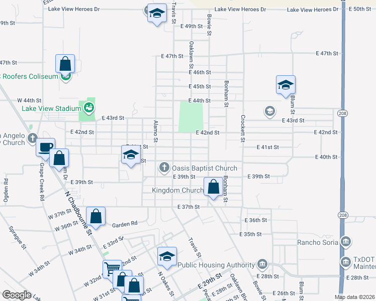map of restaurants, bars, coffee shops, grocery stores, and more near 411 East 41st Street in San Angelo