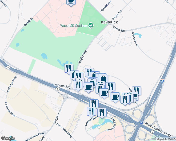 map of restaurants, bars, coffee shops, grocery stores, and more near 1 Marketplace Drive in Waco